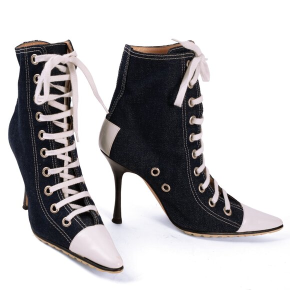 Manolo Blahnik “Sneaker Boot” Denim Lace-Up Ankle Boots - Size 37 - Picture 1 of 5